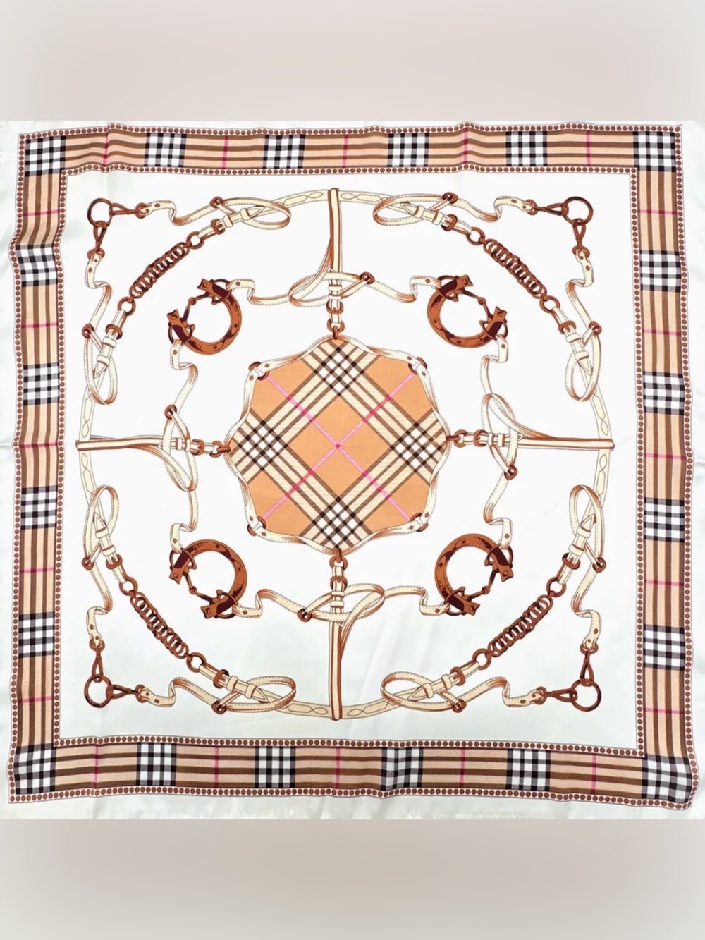 Equestrian Print Cream Scarf with Tartan Check Boarder, Horseshoes & Bits- NIP